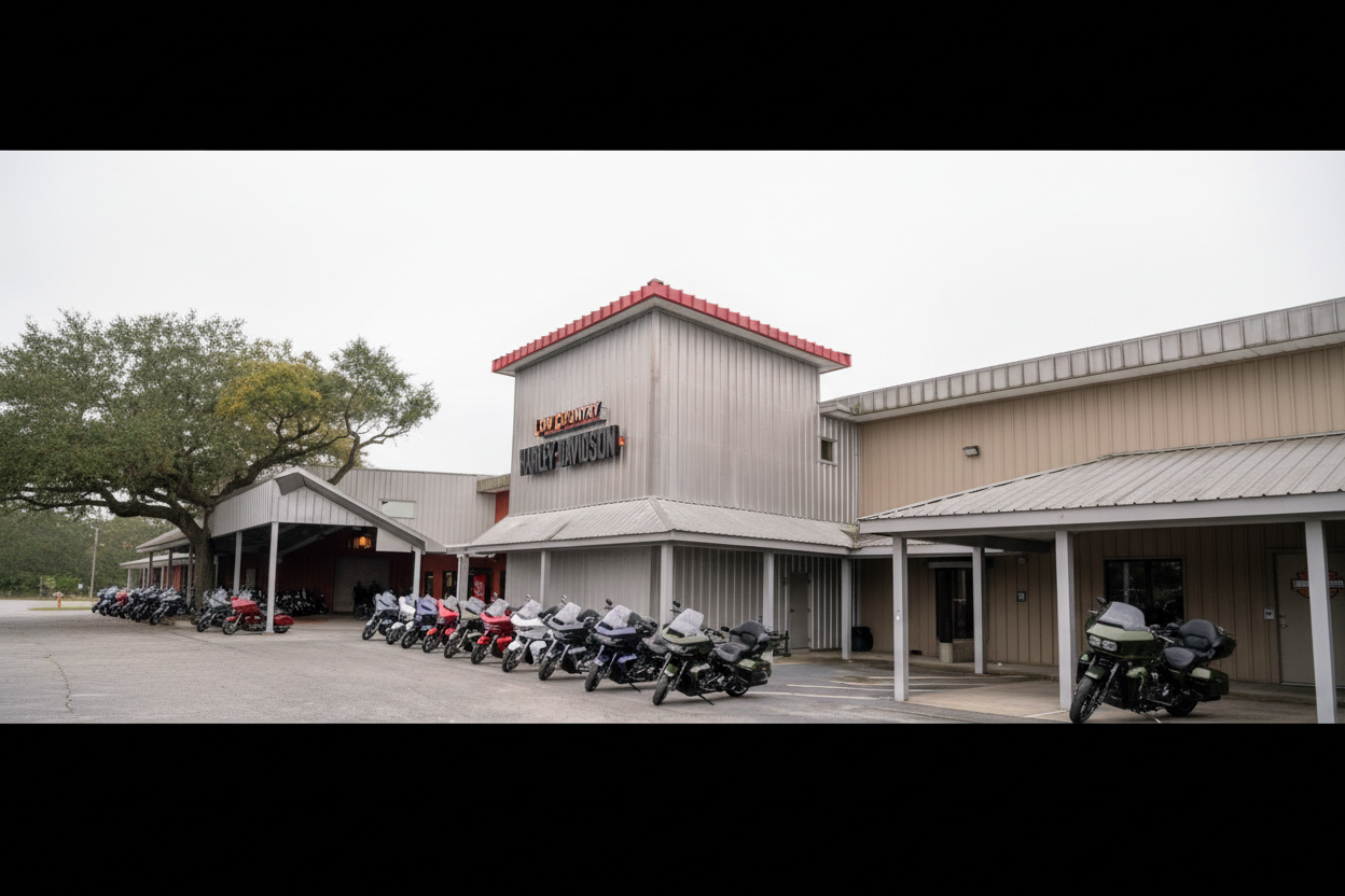A row of Harley-Davidson motorcycles parked in front of a gray metal building with a red roof trim and a large Harley-Davidson sign on the front.